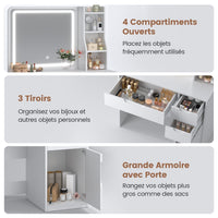 Coiffeuse avec Éclairage LED et Miroir 3 Tiroirs de Rangement 3 Étagères et 1 Armoire Blanc - FR.SIKAIC