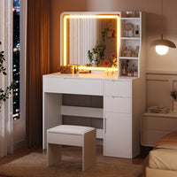 Coiffeuse avec Éclairage LED et Miroir 3 Tiroirs de Rangement 3 Étagères et 1 Armoire Blanc - FR.SIKAIC