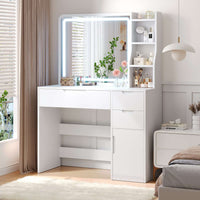 Coiffeuse avec Éclairage LED et Miroir 3 Tiroirs de Rangement 3 Étagères et 1 Armoire Blanc - FR.SIKAIC