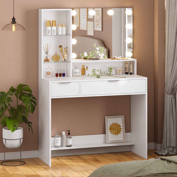 Coiffeuse avec Grand Miroir et Éclairage LED Luminosité Réglable avec 3 Couleurs Blanc - FR.SIKAIC