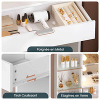 Coiffeuse avec Grand Miroir et Éclairage LED Luminosité Réglable avec 3 Couleurs Blanc - FR.SIKAIC