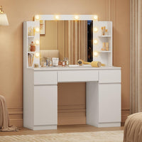 FR.SIKAIC Coiffeuses Blanc / Bois d'ingénierie / Moderne Coiffeuse avec Miroir 10 Ampoules LED Réglables Multiprise 3 Tiroirs 2 Armoires et 6 Étagères Ouvertes Blanc
