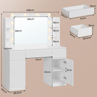 FR.SIKAIC Coiffeuses Blanc / Bois d'ingénierie / Moderne Coiffeuse avec Miroir 10 Ampoules LED Réglables Multiprise 3 Tiroirs 2 Armoires et 6 Étagères Ouvertes Blanc