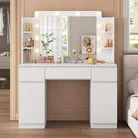 FR.SIKAIC Coiffeuses Blanc / Bois d'ingénierie / Moderne Coiffeuse avec Miroir 10 Ampoules LED Réglables Multiprise 3 Tiroirs 2 Armoires et 6 Étagères Ouvertes Blanc