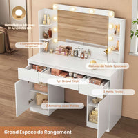 FR.SIKAIC Coiffeuses Blanc / Bois d'ingénierie / Moderne Coiffeuse avec Miroir 10 Ampoules LED Réglables Multiprise 3 Tiroirs 2 Armoires et 6 Étagères Ouvertes Blanc