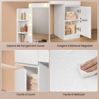 FR.SIKAIC Coiffeuses Blanc / Bois d'ingénierie / Moderne Coiffeuse avec Miroir 10 Ampoules LED Réglables Multiprise 3 Tiroirs 2 Armoires et 6 Étagères Ouvertes Blanc