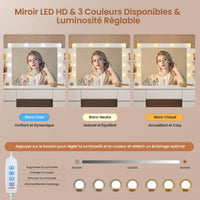 FR.SIKAIC Coiffeuses Blanc / Bois d'ingénierie / Moderne Coiffeuse avec Miroir 10 Ampoules LED Réglables Multiprise 3 Tiroirs 2 Armoires et 6 Étagères Ouvertes Blanc