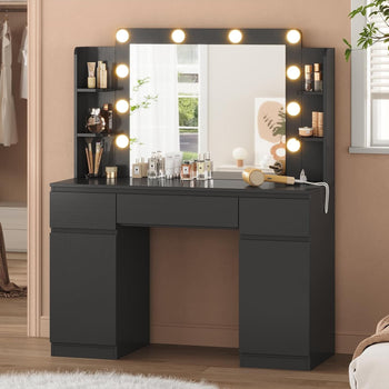 FR.SIKAIC Coiffeuses Noir / Bois d'ingénierie / Moderne Coiffeuse avec Miroir 10 Ampoules LED Réglables Multiprise 3 Tiroirs 2 Armoires et 6 Étagères Ouvertes Noir