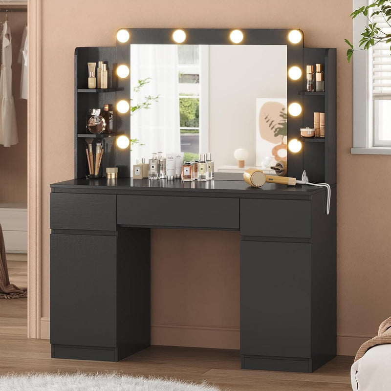 FR.SIKAIC Coiffeuses Noir / Bois d'ingénierie / Moderne Coiffeuse avec Miroir 10 Ampoules LED Réglables Multiprise 3 Tiroirs 2 Armoires et 6 Étagères Ouvertes Noir