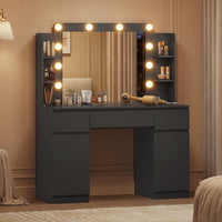 FR.SIKAIC Coiffeuses Noir / Bois d'ingénierie / Moderne Coiffeuse avec Miroir 10 Ampoules LED Réglables Multiprise 3 Tiroirs 2 Armoires et 6 Étagères Ouvertes Noir