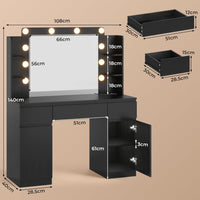 FR.SIKAIC Coiffeuses Noir / Bois d'ingénierie / Moderne Coiffeuse avec Miroir 10 Ampoules LED Réglables Multiprise 3 Tiroirs 2 Armoires et 6 Étagères Ouvertes Noir