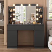 FR.SIKAIC Coiffeuses Noir / Bois d'ingénierie / Moderne Coiffeuse avec Miroir 10 Ampoules LED Réglables Multiprise 3 Tiroirs 2 Armoires et 6 Étagères Ouvertes Noir