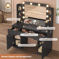 FR.SIKAIC Coiffeuses Noir / Bois d'ingénierie / Moderne Coiffeuse avec Miroir 10 Ampoules LED Réglables Multiprise 3 Tiroirs 2 Armoires et 6 Étagères Ouvertes Noir