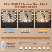 FR.SIKAIC Coiffeuses Noir / Bois d'ingénierie / Moderne Coiffeuse avec Miroir 10 Ampoules LED Réglables Multiprise 3 Tiroirs 2 Armoires et 6 Étagères Ouvertes Noir