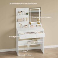 Coiffeuse avec Miroir LED 2 Étagères de Rangement Grand Tiroir avec Séparateurs Réglables Blanc - FR.SIKAIC