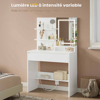 Coiffeuse avec Miroir LED 2 Étagères de Rangement Grand Tiroir avec Séparateurs Réglables Blanc - FR.SIKAIC