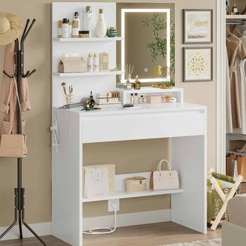 Coiffeuse avec Miroir LED 2 Étagères de Rangement Grand Tiroir avec Séparateurs Réglables Blanc - FR.SIKAIC