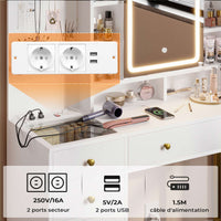 Coiffeuse avec Miroir LED à luminosité réglable 3 Modes d'éclairage avec Multiprise et Tiroir Visuel Blanc - FR.SIKAIC