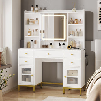 Coiffeuse avec Miroir LED Réglable Multiprise et 7 Compartiments Ouverts 5 Tiroirs et 2 Armoires Blanc - FR.SIKAIC