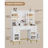 Coiffeuse avec Miroir LED Réglable Multiprise et 7 Compartiments Ouverts 5 Tiroirs et 2 Armoires Blanc - FR.SIKAIC