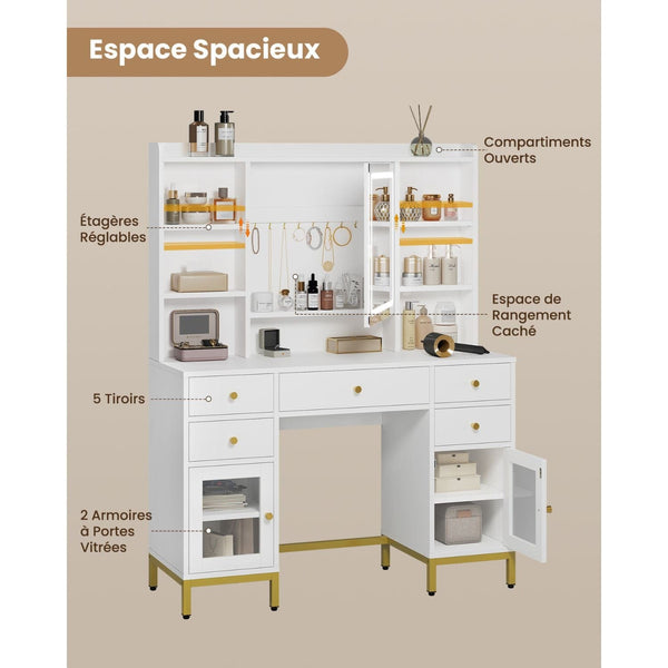 Coiffeuse avec Miroir LED Réglable Multiprise et 7 Compartiments Ouverts 5 Tiroirs et 2 Armoires Blanc - FR.SIKAIC