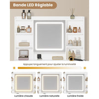 Coiffeuse avec Miroir LED Réglable Multiprise et 7 Compartiments Ouverts 5 Tiroirs et 2 Armoires Blanc - FR.SIKAIC