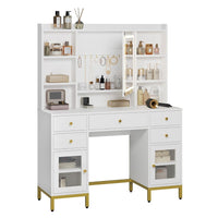 Coiffeuse avec Miroir LED Réglable Multiprise et 7 Compartiments Ouverts 5 Tiroirs et 2 Armoires Blanc - FR.SIKAIC