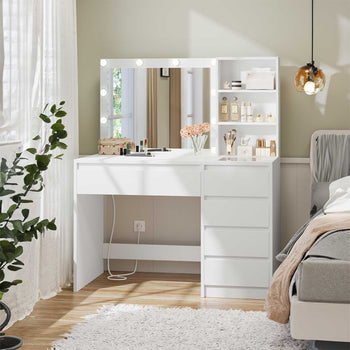 Coiffeuse avec Miroir Luminosité Réglable Multiprises 5 Tiroirs et 3 Compartiments Ouverts Blanc - FR.SIKAIC