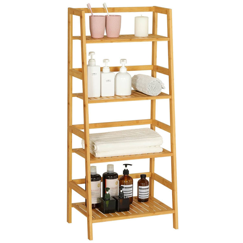 FR.SIKAIC Étagères de Salle de Bain Naturel / Moderne Étagère de Salle de Bain en Bambou Étagère échelle à 4 Niveaux pour Salle de Bain Salon Cuisine Naturel 48 × 32 × 110 cm