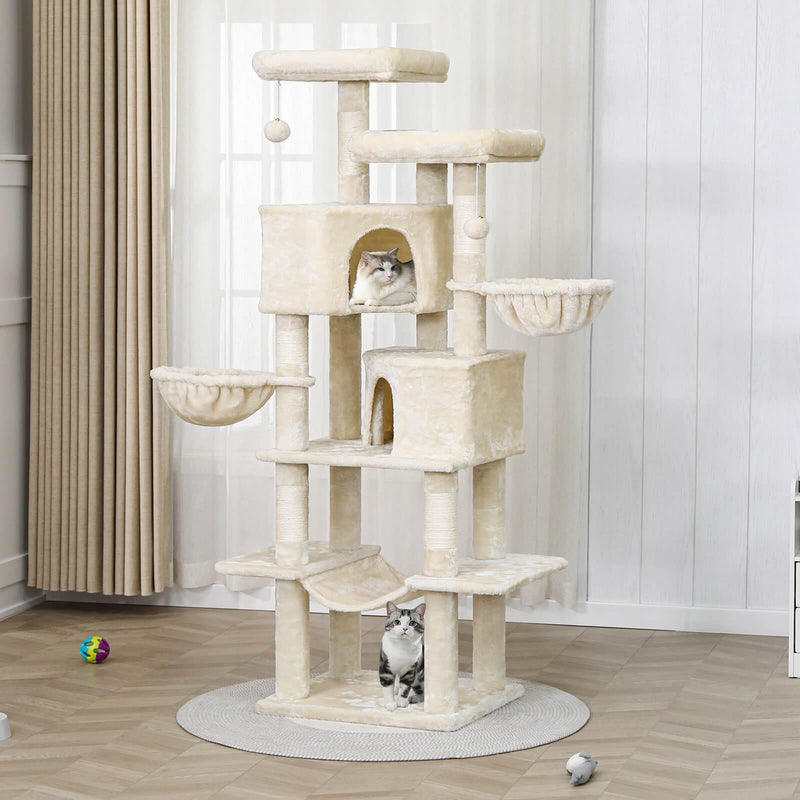 FR.SIKAIC Arbre à Chat Beige / Classique Grand arbre à chat 180 cm avec Poteaux en sisal, 2 Plateformes, 2 Maisons pour chats, Panier, Hamac, Beige