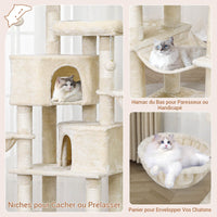 180 cm Grand arbre à chat avec Poteaux en sisal 2 Plateformes 2 Maisons pour chats Panier Hamac Beige - FR.SIKAIC