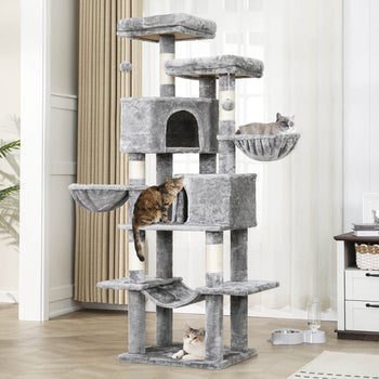 180 cm Grand arbre à chat avec Poteaux en sisal 2 Plateformes 2 Maisons pour chats Panier Hamac Gris Clair - FR.SIKAIC
