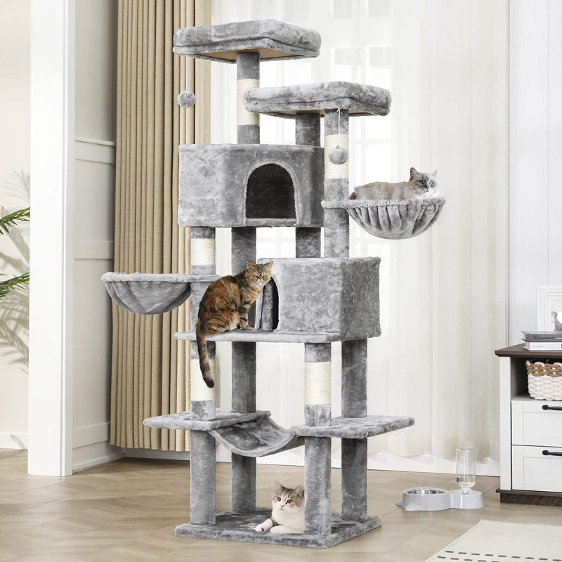 FR.SIKAIC Arbre à Chat Gris Clair / Classique Grand arbre à chat 180 cm avec Poteaux en sisal, 2 Plateformes, 2 Maisons pour chats, Panier, Hamac, Gris Clair