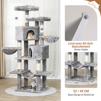 180 cm Grand arbre à chat avec Poteaux en sisal 2 Plateformes 2 Maisons pour chats Panier Hamac Gris Clair - FR.SIKAIC