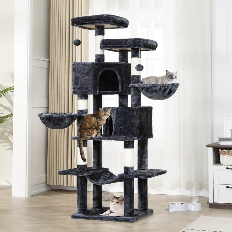 FR.SIKAIC Arbre à Chat Gris Foncé / Classique Grand arbre à chat 180 cm avec Poteaux en sisal, 2 Plateformes, 2 Maisons pour chats, Panier, Hamac, Gris Foncé