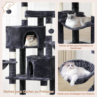 180 cm Grand arbre à chat avec Poteaux en sisal 2 Plateformes 2 Maisons pour chats Panier Hamac Gris Foncé - FR.SIKAIC