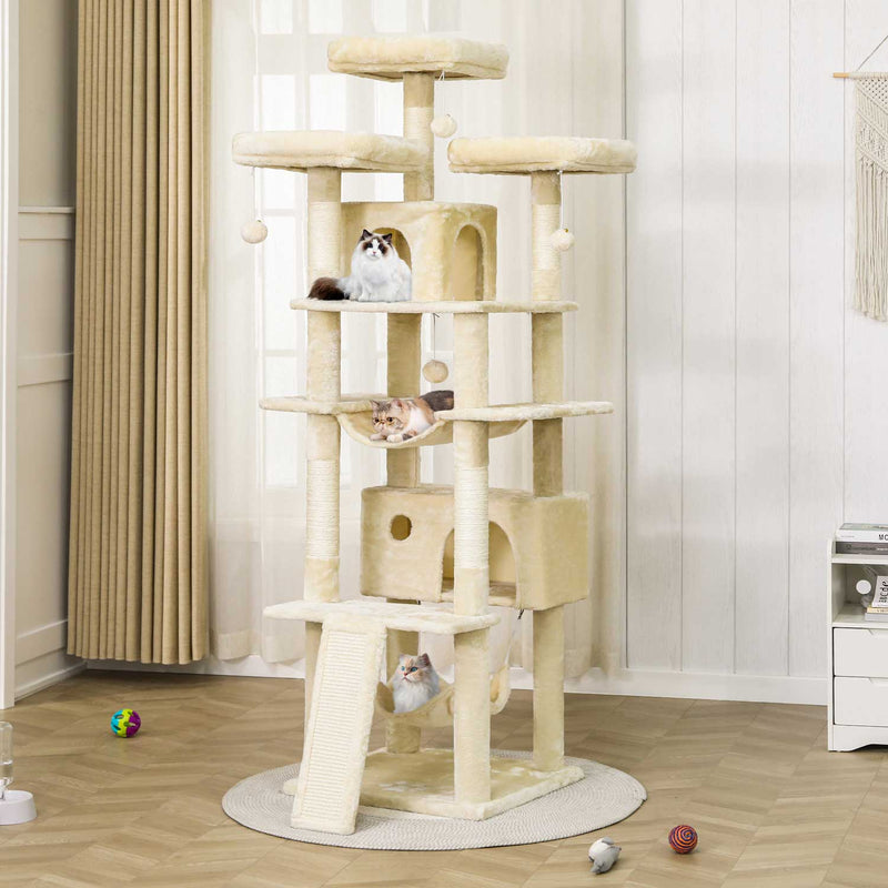 FR.SIKAIC Arbre à Chat Beige / Moderne Grand Arbre à chat 194 cm avec 3 Grands Perchoirs, 2 Grottes, Poteaux en sisal, Hamac et Griffoir, Beige