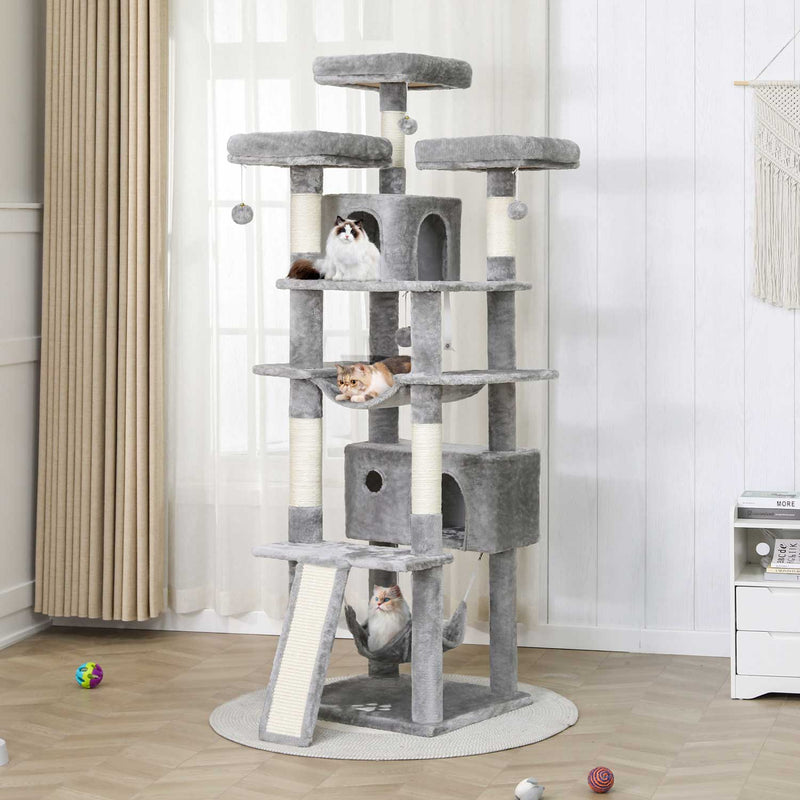 FR.SIKAIC Arbre à Chat Gris Clair / Moderne Grand Arbre à chat 194 cm avec 3 Grands Perchoirs, 2 Grottes, Poteaux en sisal, Hamac et Griffoir, Gris Clair