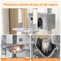 194 cm Grand Arbre à chat avec 3 Grands Perchoirs 2 Grottes Poteaux en sisal Hamac et Griffoir Gris Clair - FR.SIKAIC