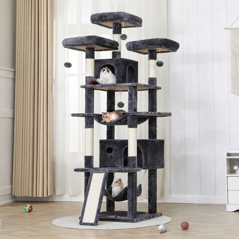 FR.SIKAIC Arbre à Chat Gris Foncé / Moderne Grand Arbre à chat 194 cm avec 3 Grands Perchoirs, 2 Grottes, Poteaux en sisal, Hamac et Griffoir, Gris Foncé