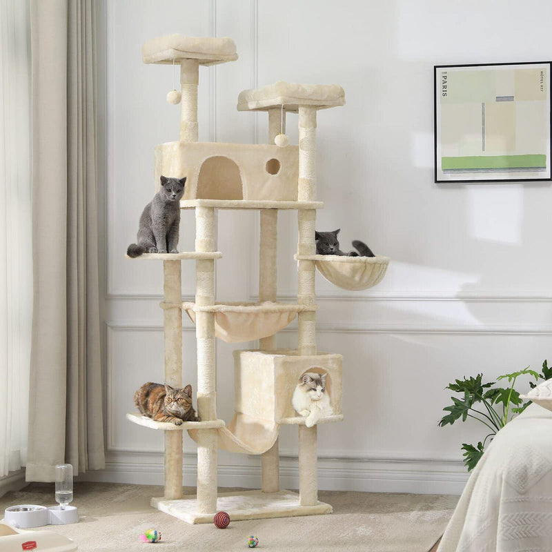 FR.SIKAIC Arbre à Chat Beige / Moderne Grand Arbre à Chat pour grands Chats Stable 193 cm avec 2 Plates-formes 2 Grottes pour chats et 3 Hamacs Beige