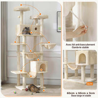 193 cm Grand Arbre à Chat pour grands Chats Stable avec 2 Plates-formes 2 Grottes pour chats et 3 Hamacs Beige - FR.SIKAIC