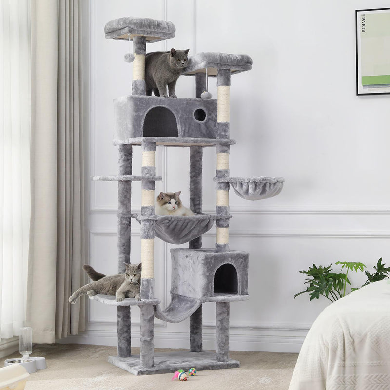 FR.SIKAIC Arbre à Chat Gris clair / Moderne Grand Arbre à Chat pour grands Chats Stable 193 cm avec 2 Plates-formes 2 Grottes pour chats et 3 Hamacs Gris clair