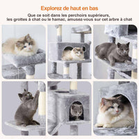 193 cm Grand Arbre à Chat pour grands Chats Stable avec 2 Plates-formes 2 Grottes pour chats et 3 Hamacs Gris clair - FR.SIKAIC
