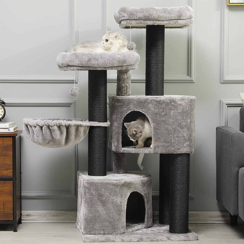 FR.SIKAIC Arbre à Chat Gris & Noir / Moderne Grand Arbre à Chat Stable 126 cm avec Griffoir en sisal 2 Plateformes d'observation pour Grands Chats Gris & Noir