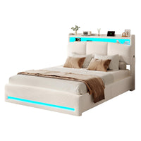 FR.SIKAIC Lits et Cadres de Lit Velours Teddy Beige / Bois d'ingénierie & Métal / 140×200 cm Grand lit capitonné couleur crème 140 x 200 cm avec rangement dissimulé