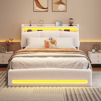 FR.SIKAIC Lits et Cadres de Lit Velours Teddy Beige / Bois d'ingénierie & Métal / 140×200 cm Grand lit capitonné couleur crème 140 x 200 cm avec rangement dissimulé