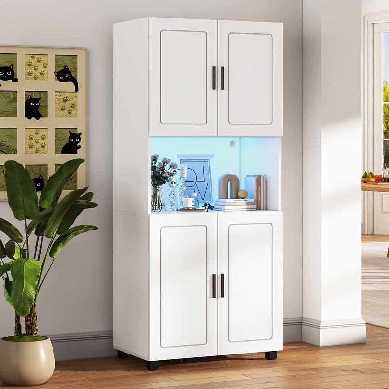 FR.SIKAIC Armoire de cuisine Blanc / Bois d'ingénierie / Moderne Haute Armoire avec Lumière LED Compartiment Ouvert et 4 Portes Blanc