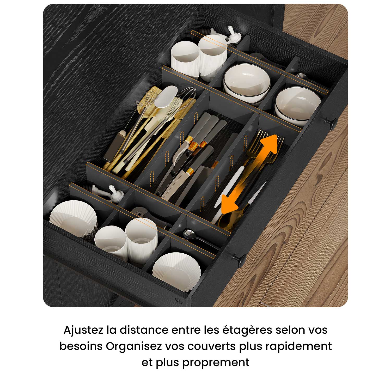 Meuble Buffet Cuisine LED KIMENICH – Rangement XXL Avec Multiprise, Tiroir & Étagères Réglables Noir