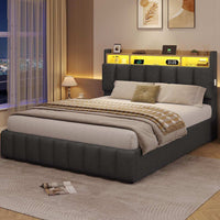 LED Lit 2 Personnes en Lin avec Tête de Lit Capitonné Étagères Ouvertes et Rangement Caché Gris - FR.SIKAIC